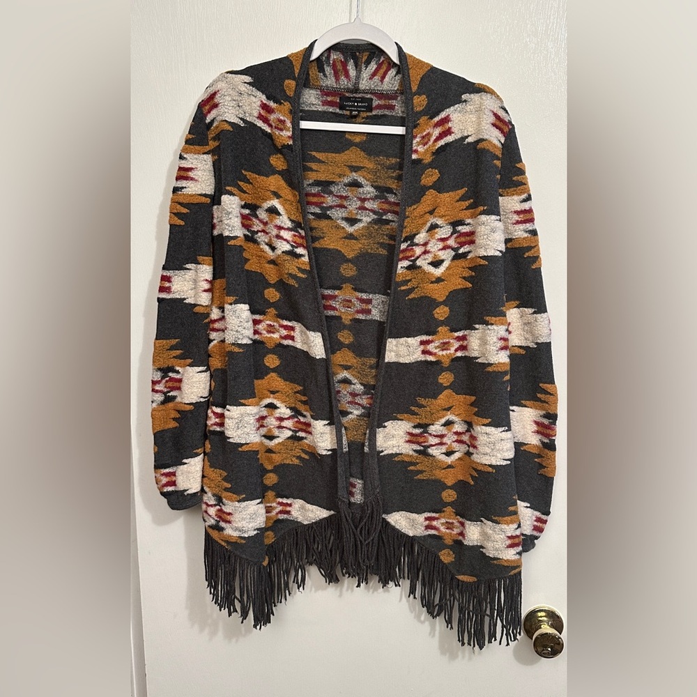 Lucky Brand Southwestern Cardigan Sweater with Fringe, Size Medium